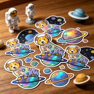 Custom Laser Holographic Cartoon Sticker Self Adhesive Space Planet Decals for Journal Scrapbooking DIY Craft Phone Case