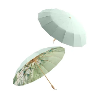 Custom Logo 3 Fold 16 Bones Traditional Retro Outdoor Umbrella Sunshade UV Protective Parasol Drop with Solid Wood Handle