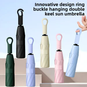 Custom Logo 8 Ribs Automatic 3-Fold Umbrella Fiberglass Windproof UV Blocking Japanese Style Buckle Ring Handle Travel Parasol