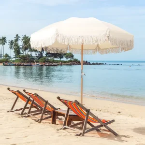 Custom Logo Beach Umbrella with Tassels Tilting Patio Parasol UV Protective Garden Mushroom Umbrella for Hotels & Resorts