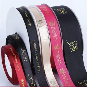 Custom Logo Gold Foil Printed Brand Name Satin Ribbon