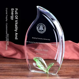Custom Logo New Leaf Crystal Trophy Award Eco Friendly Polished Engraved Business Souvenir