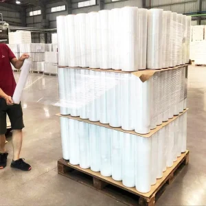 Custom Logo Printed 50cm*120m*18mic LLDPE Water Soluble Stretch Wrap Roll Film High Gloss 500mm Width For Tea Packing