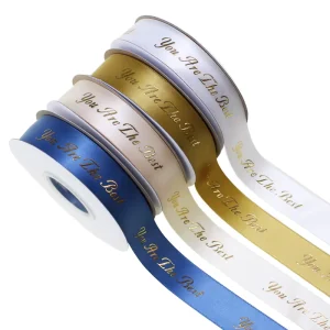 Custom Logo Printing Emboss Gold Foil Printed Satin Ribbon