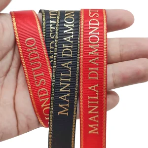 Custom Logo Printing Red Grosgrain Ribbon with Puff Gold Foil Printed for Box Decoration and Product Packaging