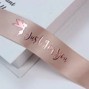 Custom Logo Satin Ribbon Rose Gold Foil Printed 100% Polyester 25mm Width Ribbon for Gift Packing