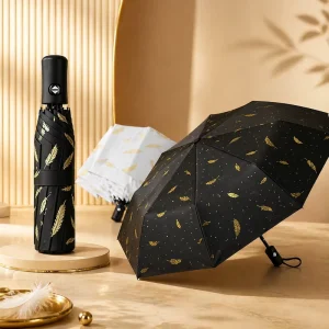 Custom Logo UPF50 Black Coated Three Fold Auto Open Close Umbrella Golden Feather Waterproof Windproof Travel Parasol