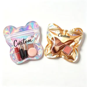 Custom Makeup Beauty Packaging Cosmetic Lip Gloss Eyeshadow Blush Gift Holographic Child Resistant Zipper 3 Side Seal Pouch