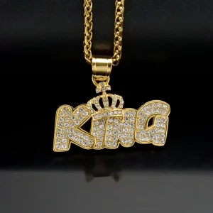 Custom Men Stainless Steel Jewelry Bling Bling Crystal Crown King Letter Rhinestone Pendant Trend Necklace