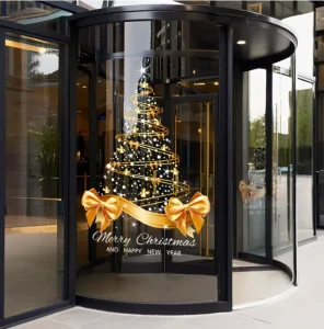 Custom Merry Christmas Waterproof Window Stickers Gold Rectangular Removable PVC Decals UV Printing For Store Mall Decoration