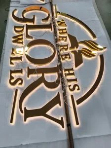 Custom Mirror Gold Stainless Steel 3D Backlit LED Logo Signage with Decorative Wings for Business Wall Mounting