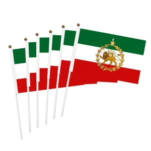 Custom Old Iran Lion Sun Hand Held Flag Stick Mini Banner Shir o Khorshid Persian Rally Protest Football Fan Decor 14x21cm