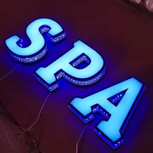 Custom Outdoor LED Channel Letters Large Lighted Business Signs Front Lit Side Gridded Holes 18″ Tall Stainless Steel Alphabet