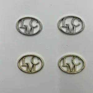 Custom Oval Hollow LMC Letter Metal Logo Tags Eco Anti Corrosion Alloy for Garments Hats Bags Lingerie Socks Gloves