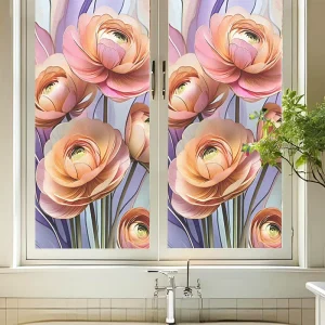 Custom PVC Static Cling Frosted Glass Film Window Stickers Glossy Flower Design Self Adhesive Water Resistant for Home Office