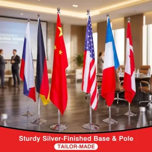 Custom Personalized Indoor Floor Standing Flag 3x5ft Factory Bulk Silver Base Pole Conference Room