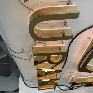 Custom Polished Gold Stainless Steel Halo Backlit LED 3D Channel Letter Sign Wall Mounted Hotel Retail Business Logo Signage