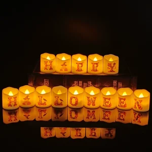Custom Print Halloween Pumpkin Letters Pillar LED Tealight Candle Decor Battery Flameless Flickering Candle with Remote Control