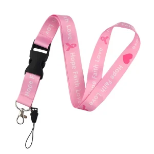 Custom Printed Ribbon Breast Cancer Awareness Neck Strap Dye Sublimation Polyester Pink Lanyard