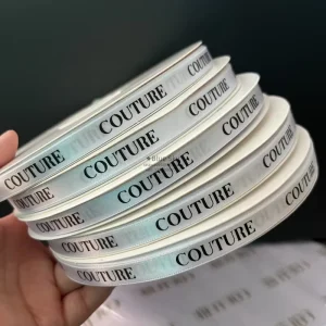 Custom Printed White Satin Ribbon Black Embossed Logo Custom Sizes Colors for Gifts Apparel Events Luxury Branding