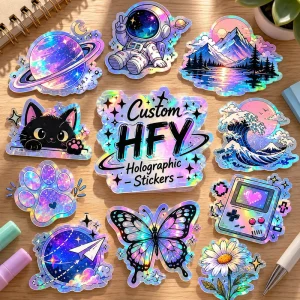 Custom Rainbow Holographic Sticker Laser Die Cut Vinyl Label UV Resistant Custom Pattern Printed Adhesive Logo Packaging Sticker