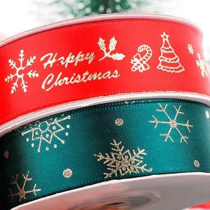 Custom Red Color Polyester Single Sided Christmas Satin Ribbon Roll with Custom Logo for Professional Gift Packing