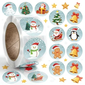 Custom Round Christmas Stickers Cartoon Snowman Santa Self-Adhesive Labels for Gift Wrapping & Party Scrapbooking