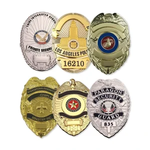 Custom Security Guard Badge Zinc Alloy Gold Plated 3D Embossed Shield Shape Lapel Pin Bulk OEM Free Logo Low MOQ