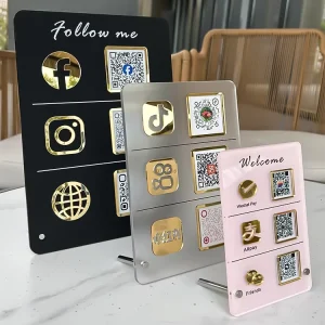 Custom Shapes Acrylic Plate Desktop Display Sign Stand Holder UV Printed Acrylic Panel Social Media QR Code Table Stand