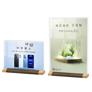 Custom T Shape Clear Acrylic Sign Holder with Walnut Wooden Base Portable Paper Flyer Display Table Sign Stand