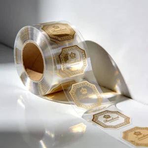 Custom Transparent Clear PVC PET PP Waterproof Adhesive Gold Sticker Roll Feature Packaging Labels