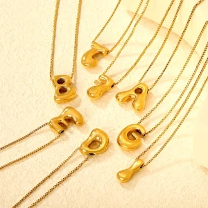 Custom Trendy Stainless Steel 18K PVD Gold Plated 26 Alphabet Design Charm Pendant Necklace Link Chain Bubble Letter Necklace