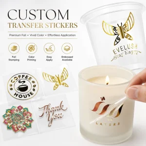 Custom UV DTF Transfer Stickers Logo Decals Gold Foil Waterproof Self Adhesive Transfer Labels For Glass Candle Cup Packaging
