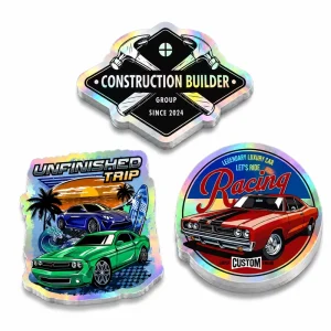 Custom UV Resist Logo Car Stickers Rainbow Hologram Glitter Labels Adhesive Waterproof Vinyl PVC Holographic Die Cut Stickers