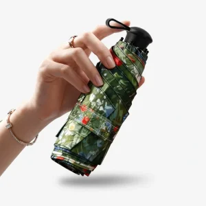 Custom Ultra-light 5-Fold 6-Rib UV Vinyl Digital Floral Telescopic Handle Manual Mini Pocket Umbrella for Women Sun Rain Gift