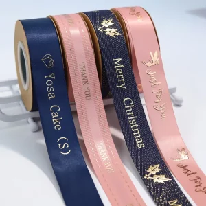 Customised Designer Luxury 3D Gold Foil Cotton Ribbon Relief Raised Brand Logo Printed Satin Grosgrain Personalized Ribbon