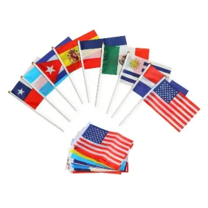 Customizable 100% Polyester Custom Logo Small Mini Handheld Stick Flag Hand Held Waving Flag With Wood Pole