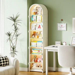 Customizable Multi Tier Arched Display Cabinet with Lights White Metal Standing Storage Rack Home Slim Bookshelf With Doors
