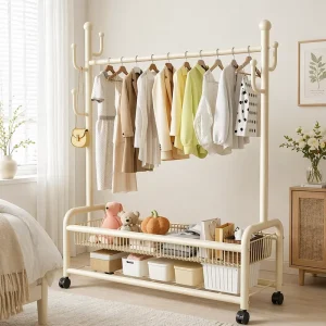 Customize Movable Double Rod Metal Clothes Rack Storing Clothes & Shoes Bedroom Cloth Rack with Wheels and Shelf