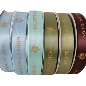 Customized Colorful Logo Printed Double Face 100% Polyester Satin Wired Ribbon with Gold Foil and Floral Design