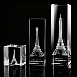 Customized Design 3D Laser Engrave Eiffel Tower Crystal Glass Blocks Blank Cube With Gift Box