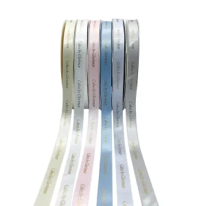 Customized Design Embossed Shiny Gold Foil Print Gift Packing Polyester Satin Ribbon With Logo