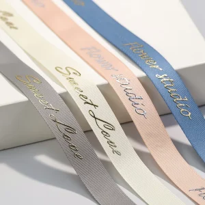 Customized Grey Shiny 16mm 3D Foil Printing Logo on Polyester Grosgrain Ribbon for Gift Packaging