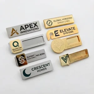 Customized Logo Brushed Stainless Steel Reusable Name Badges Tags With Safety Pin Or Magnetic Back