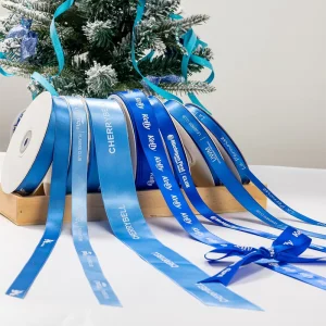 Customized Logo Color Single Face Satin 100% Polyester Screen Printed Logo 25mm Blue Satin Ribbon Roll