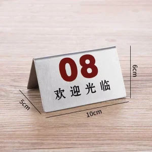 Customized Logo Triangle Print Stainless Steel Metal Table Top Stand Number Sign Board