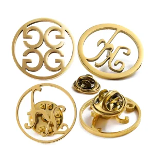 Customized Name Brooch Personalized Brooches Round Engraving Badge Metal Design Hollow Gold Lapel Pin Letter Custom Cutout
