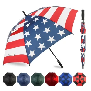 Customized Printed Windproof UV Sublimation Flag Pattern Printed Fiberglass Large Automatic Opening Golf Straight Umbrella