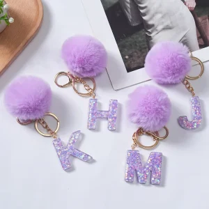Customized Soft Fur Pom Pom Balls Purple Resin Initial Letter Keychain Charm Cute Plush All Pendant Alphabet Keychain