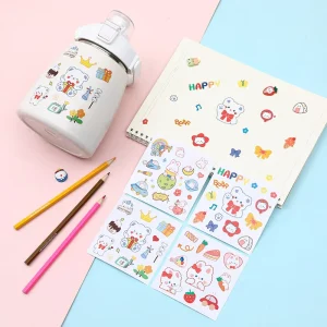 Cute Cartoon Bear Rabbit Pattern Waterproof Transparent Thermos Cup Sticker Vinyl Sticker